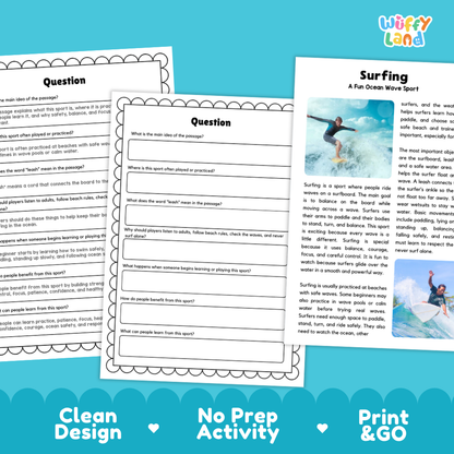 Surfing Sports Reading Passages and Comprehension Questions Worksheets