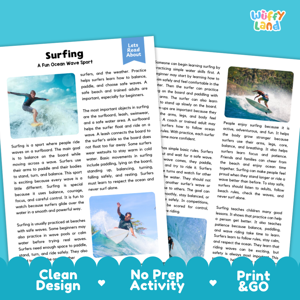 Surfing Sports Reading Passages and Comprehension Questions Worksheets