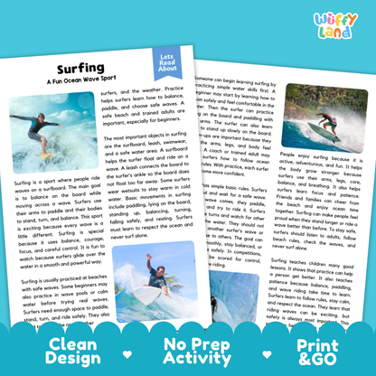 Surfing Sports Reading Passages and Comprehension Questions Worksheets
