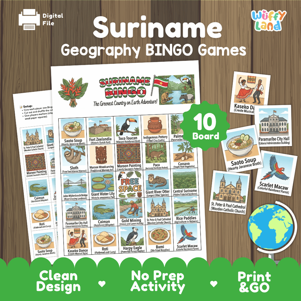 Suriname Geography BINGO Game South American Country Study Activity Printable Boards
