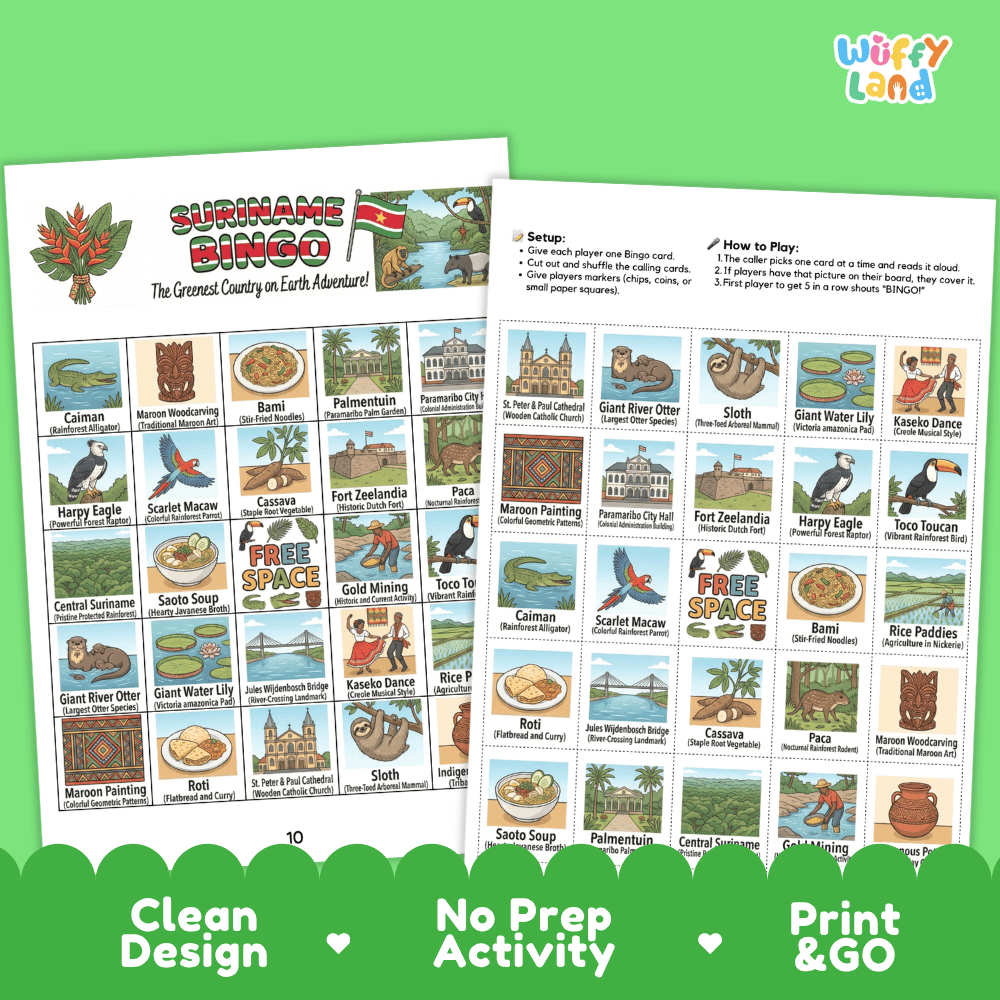 Suriname Geography BINGO Game South American Country Study Activity Printable Boards
