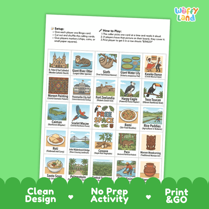 Suriname Geography BINGO Game South American Country Study Activity Printable Boards