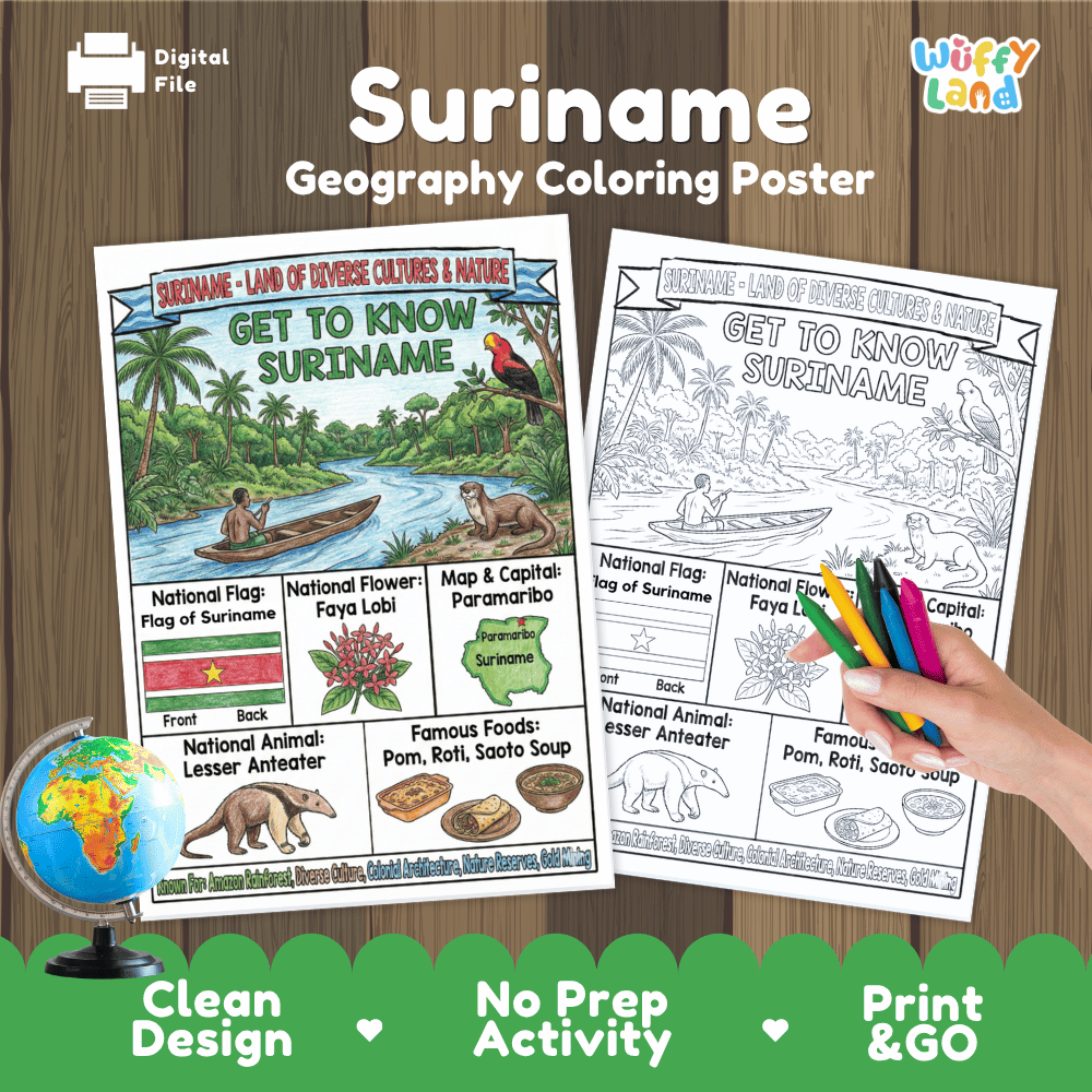 Suriname Geography Coloring Poster and Fact Sheet Printables