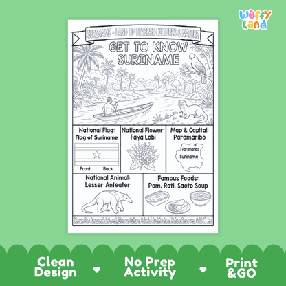 Suriname Geography Coloring Poster and Fact Sheet Printables
