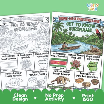 Suriname Geography Coloring Poster and Fact Sheet Printables