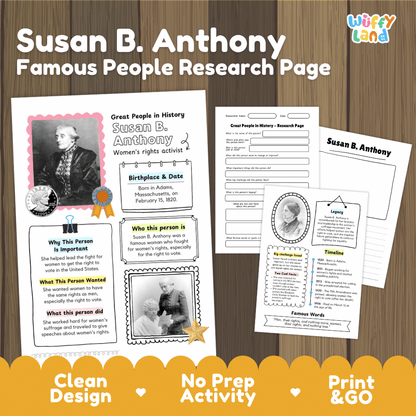 Susan B. Anthony Famous People Research Page Worksheets