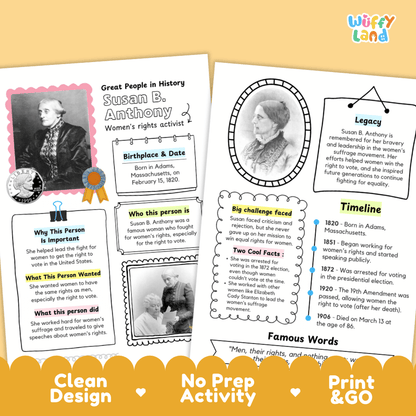 Susan B. Anthony Famous People Research Page Worksheets