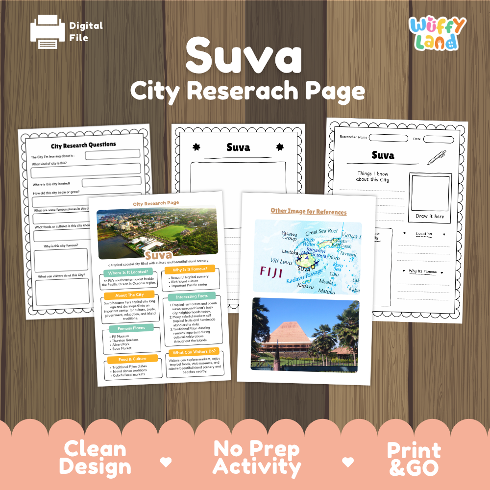A digital preview of a Suva city research page activity sheet set by Wiffy Land, displayed on a wood-grain background with a peach-colored bottom banner. The sheets include sections for city research questions, a map of Suva, and a reference image of the Sigeliya Temple in Fiji.