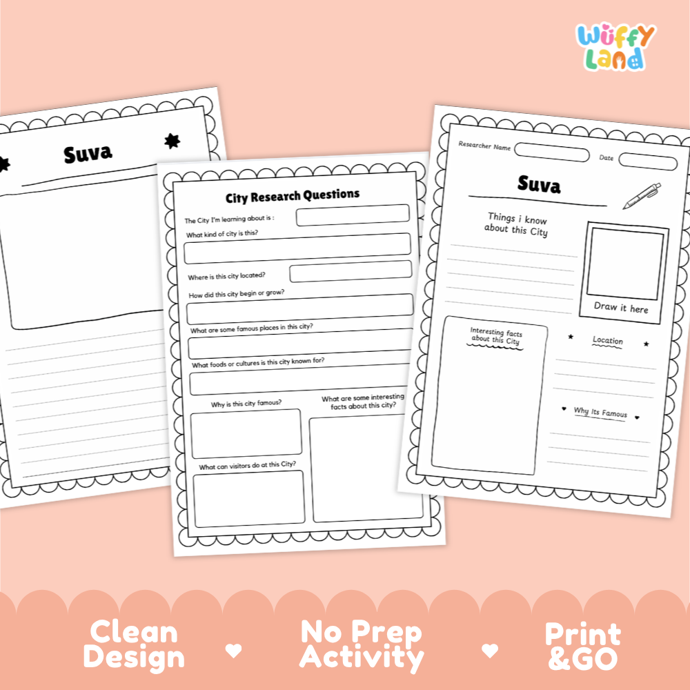 Three printable activity sheets for researching the city of Suva are displayed on a peach background. The sheets feature black text and line art on white paper with decorative scalloped borders.
