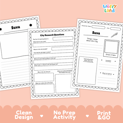 Three printable activity sheets for researching the city of Suva are displayed on a peach background. The sheets feature black text and line art on white paper with decorative scalloped borders.