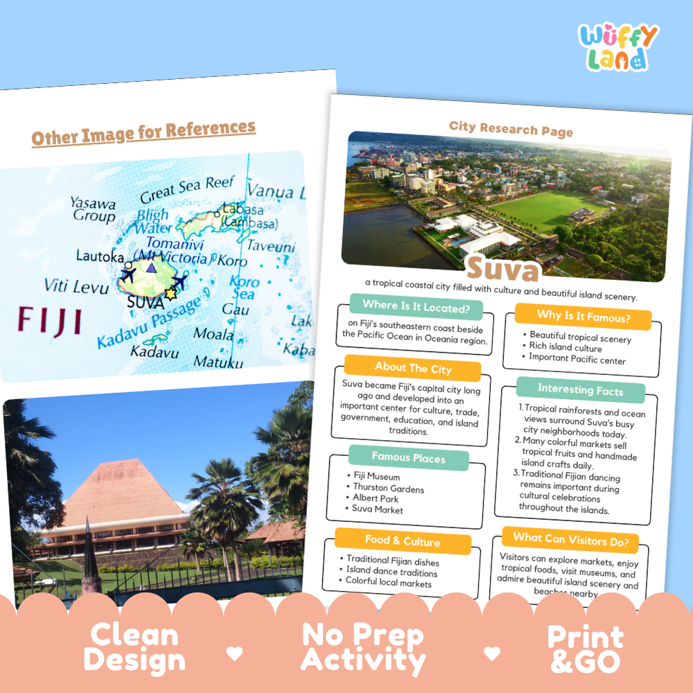 Two printed activity sheets for a Fiji city research project are shown on a white background. One sheet has a map labeled Fiji with country names and a photo of a beach scene; the other has a city research page about Suva with text, photos, and a resort image.