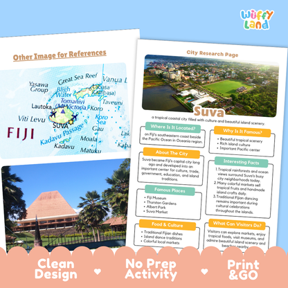 Two printed activity sheets for a Fiji city research project are shown on a white background. One sheet has a map labeled Fiji with country names and a photo of a beach scene; the other has a city research page about Suva with text, photos, and a resort image.