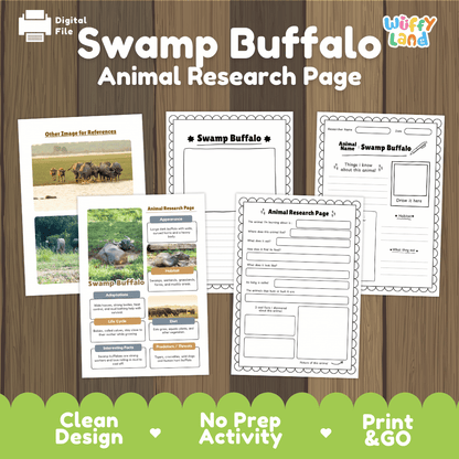 Swamp Buffalo Animal Research Worksheets and Informational Fact Sheets
