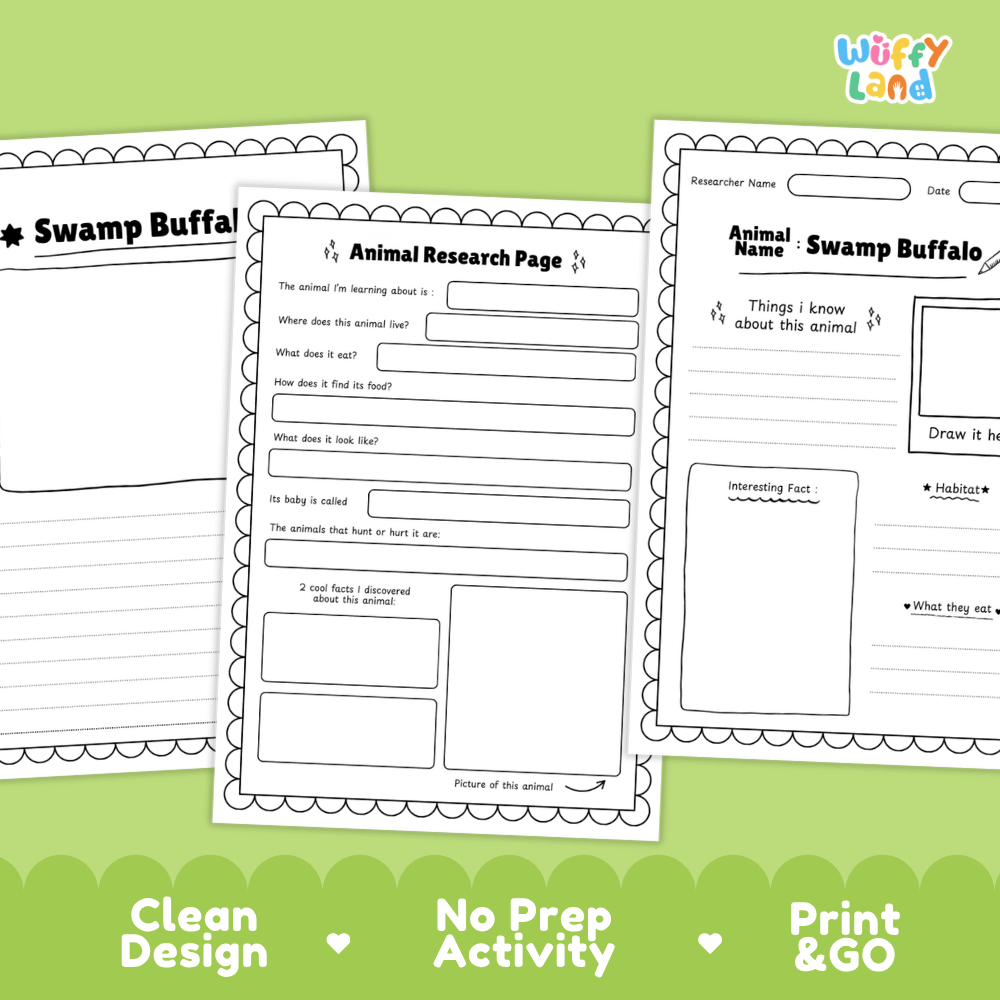 Swamp Buffalo Animal Research Worksheets and Informational Fact Sheets