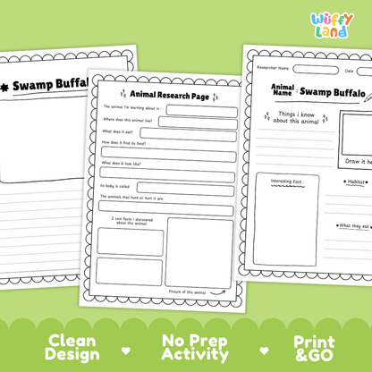 Swamp Buffalo Animal Research Worksheets and Informational Fact Sheets