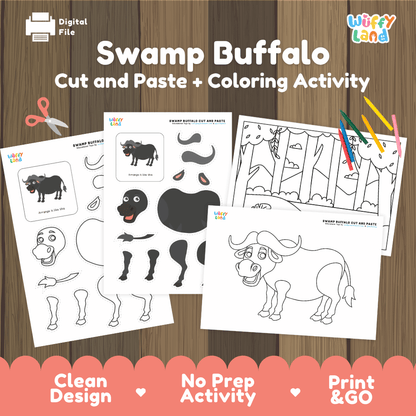 Swamp Buffalo Cut and Paste Craft and Coloring Activity Worksheets