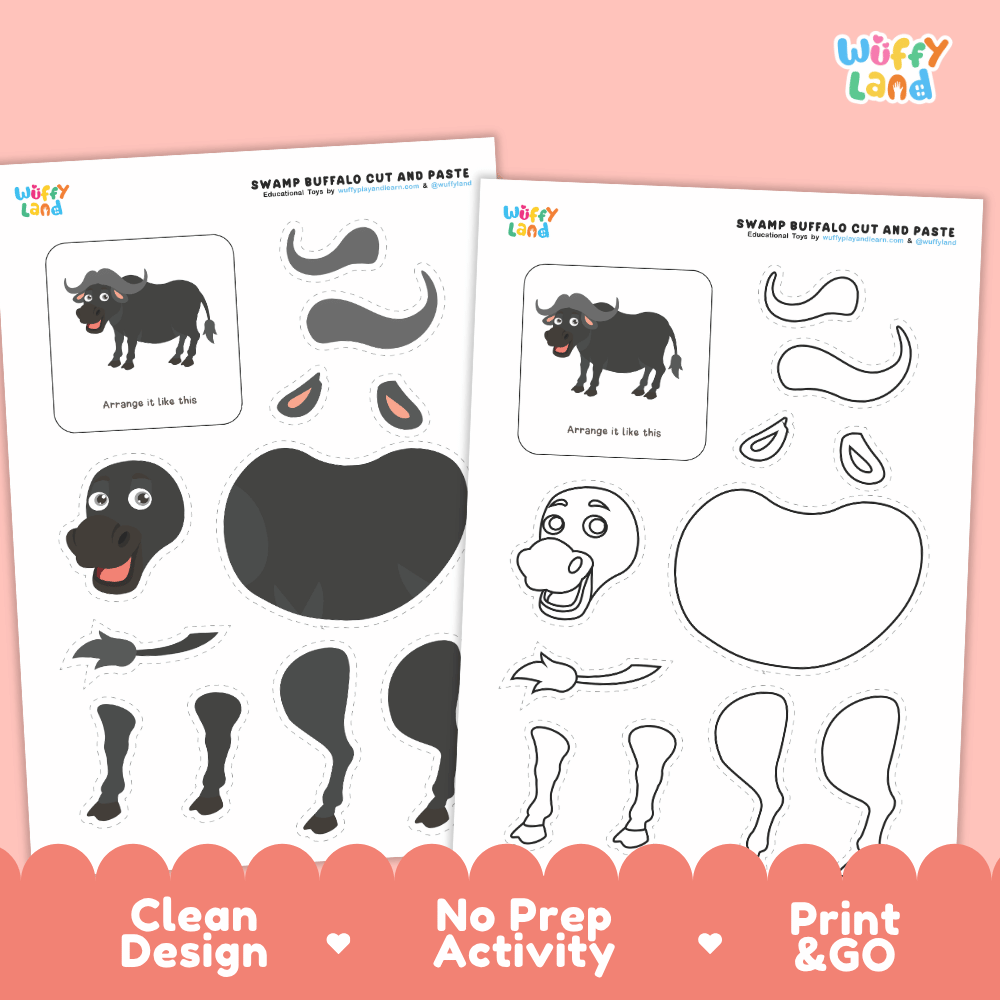 Swamp Buffalo Cut and Paste Craft and Coloring Activity Worksheets