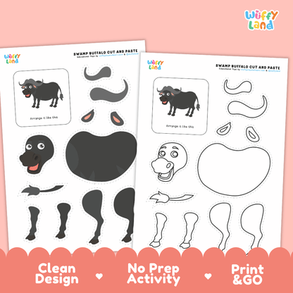 Swamp Buffalo Cut and Paste Craft and Coloring Activity Worksheets