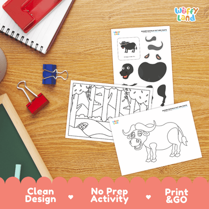 Swamp Buffalo Cut and Paste Craft and Coloring Activity Worksheets