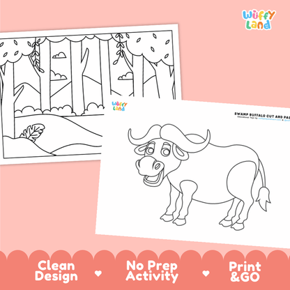 Swamp Buffalo Cut and Paste Craft and Coloring Activity Worksheets