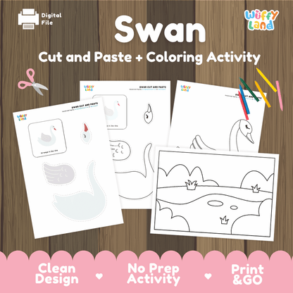 Swan Cut and Paste Craft and Coloring Activity Worksheets
