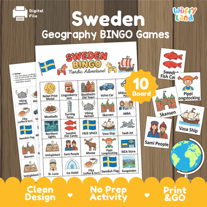 Classroom educational Bingo game cards featuring Swedish Fish Candy, Skansen, Pippi Longstocking, and Vasa Ship 🎲🍬