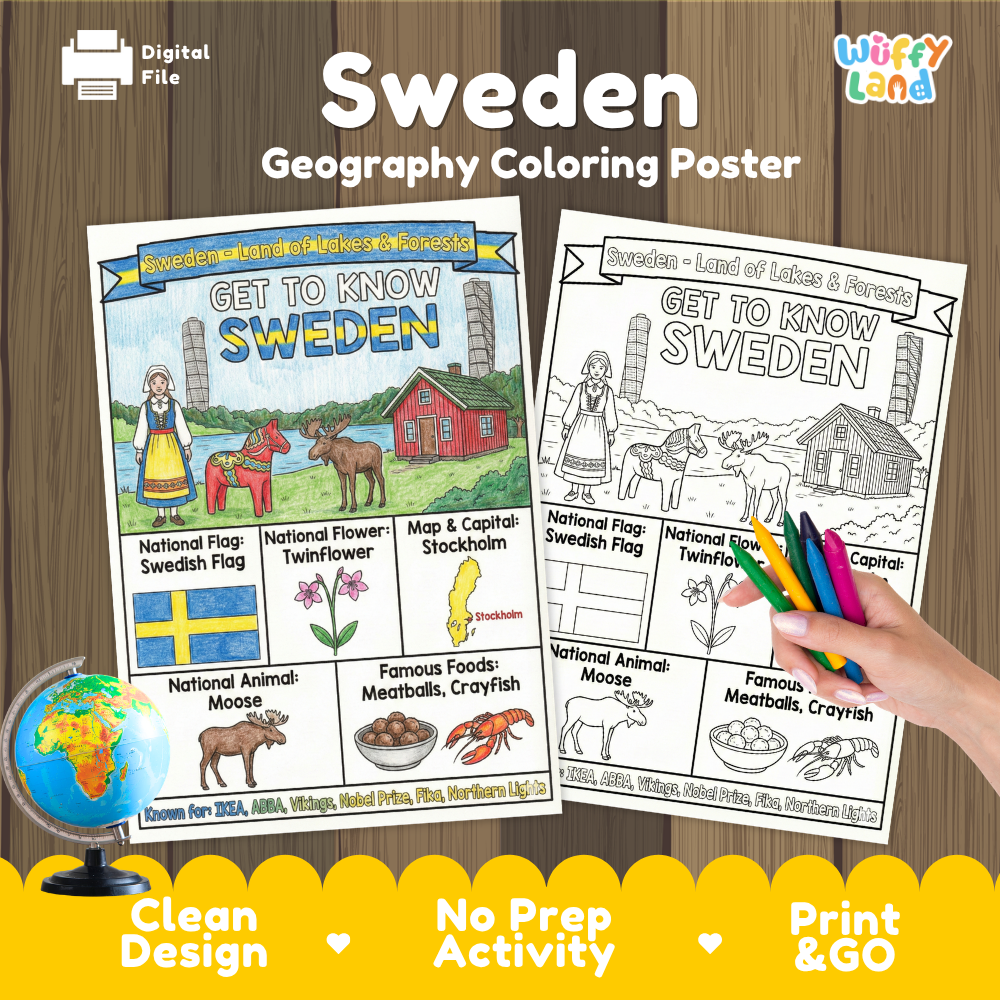Get to know Sweden coloring poster paired with photo flashcards of Drottningholm Palace, Vasa Museum ship, Orebro Castle, and kayaking