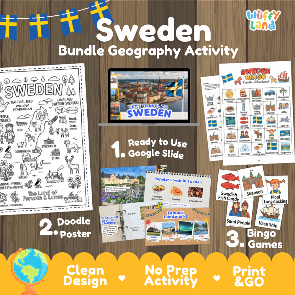 Complete Sweden geography activity bundle featuring Google Slides, doodle coloring poster, and classroom bingo games 🇸🇪🎒