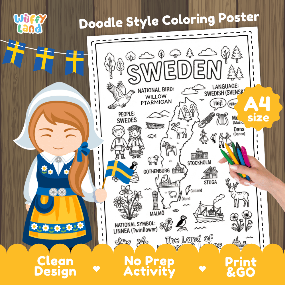 Sweden country study doodle style coloring poster printable page featuring map, landmarks, and cultural symbols