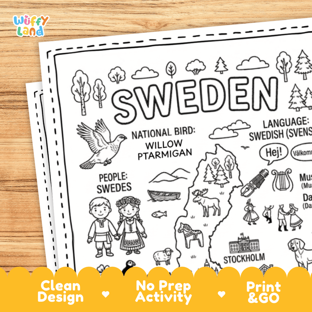 Cultural coloring page featuring traditional Swedish costume, traditional stuga cottage, folk dance, and Hej greeting speech bubbles