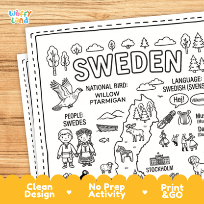 Cultural coloring page featuring traditional Swedish costume, traditional stuga cottage, folk dance, and Hej greeting speech bubbles