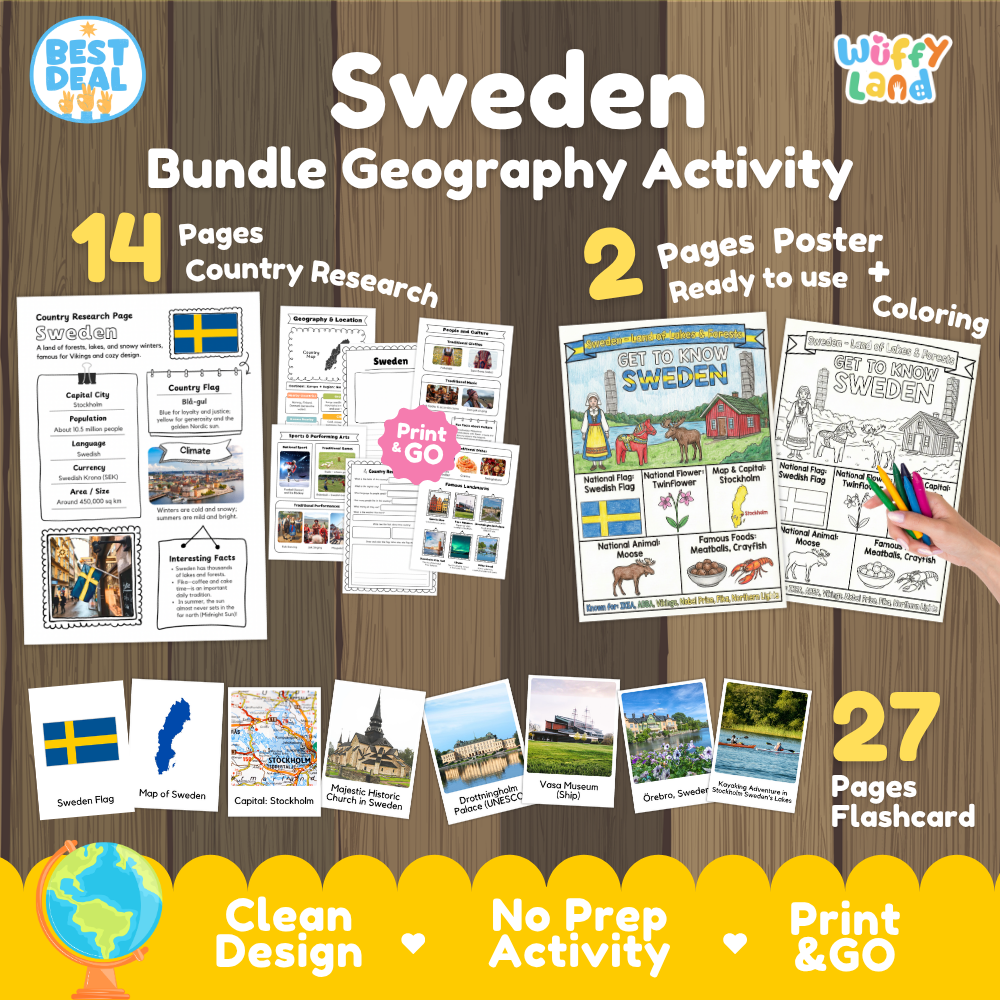 Sweden geography activity bundle cover showing 14 country research pages, 2 ready to use coloring posters, and 27 photo flashcards