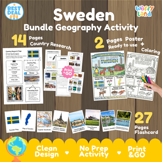 Sweden geography activity bundle cover showing 14 country research pages, 2 ready to use coloring posters, and 27 photo flashcards