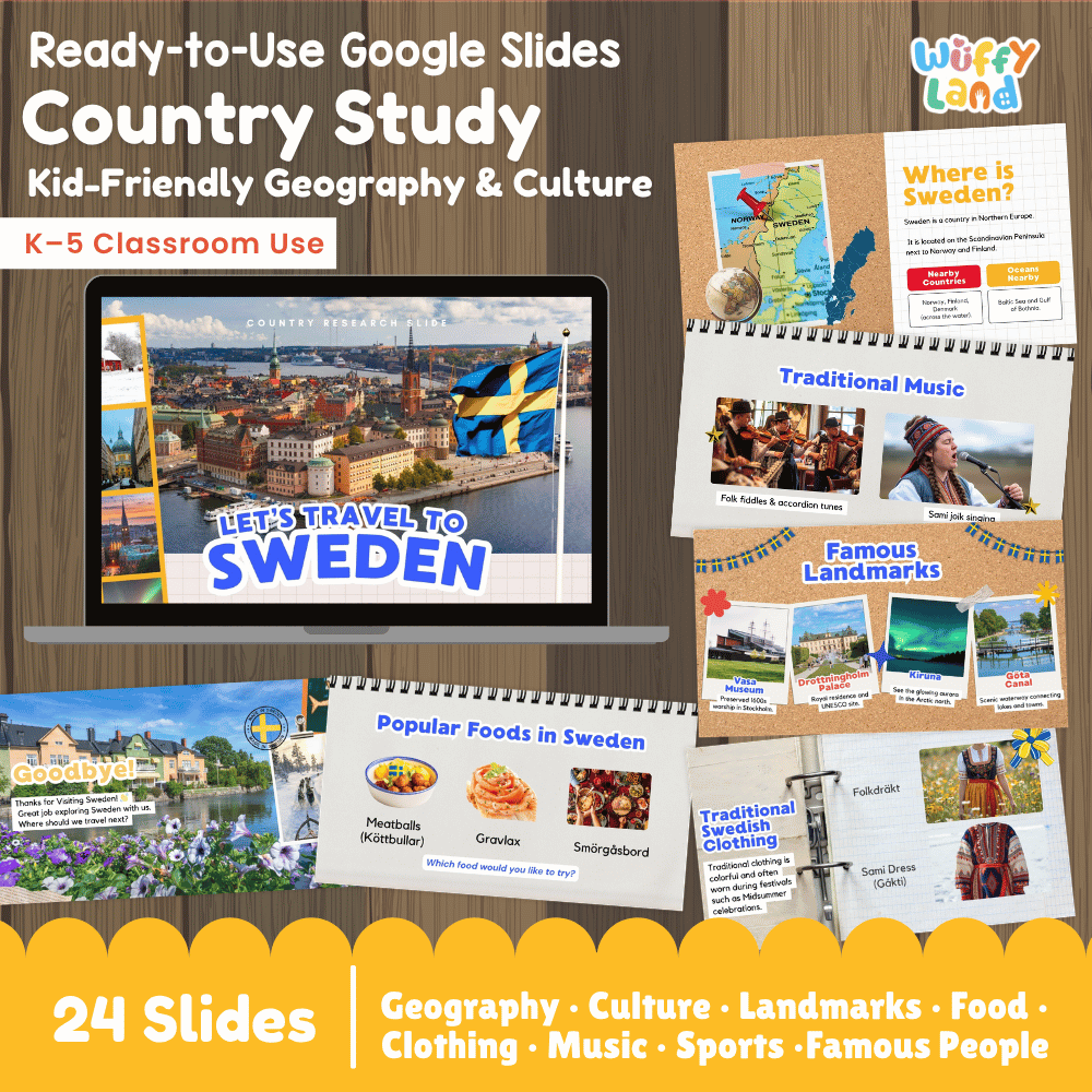 Interactive Google Slides deck displaying famous Swedish landmarks like Vasa Museum, Drottningholm Palace, and Swedish Meatballs 💻🏰