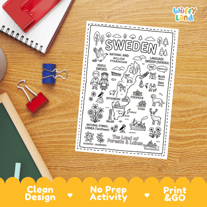 Doodle map coloring sheet showing Sweden, Stockholm, Gothenburg, Malmo Turning Torso, Gotland, and Oland