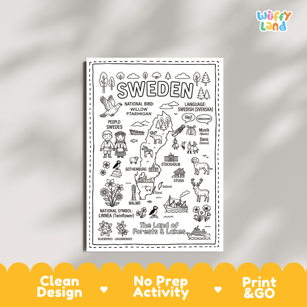 Educational activity coloring page highlighting Sweden's national bird the Willow Ptarmigan, Linnea Twinflower, and Dala horse