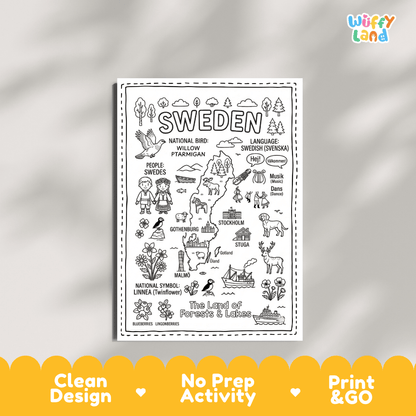 Educational activity coloring page highlighting Sweden's national bird the Willow Ptarmigan, Linnea Twinflower, and Dala horse