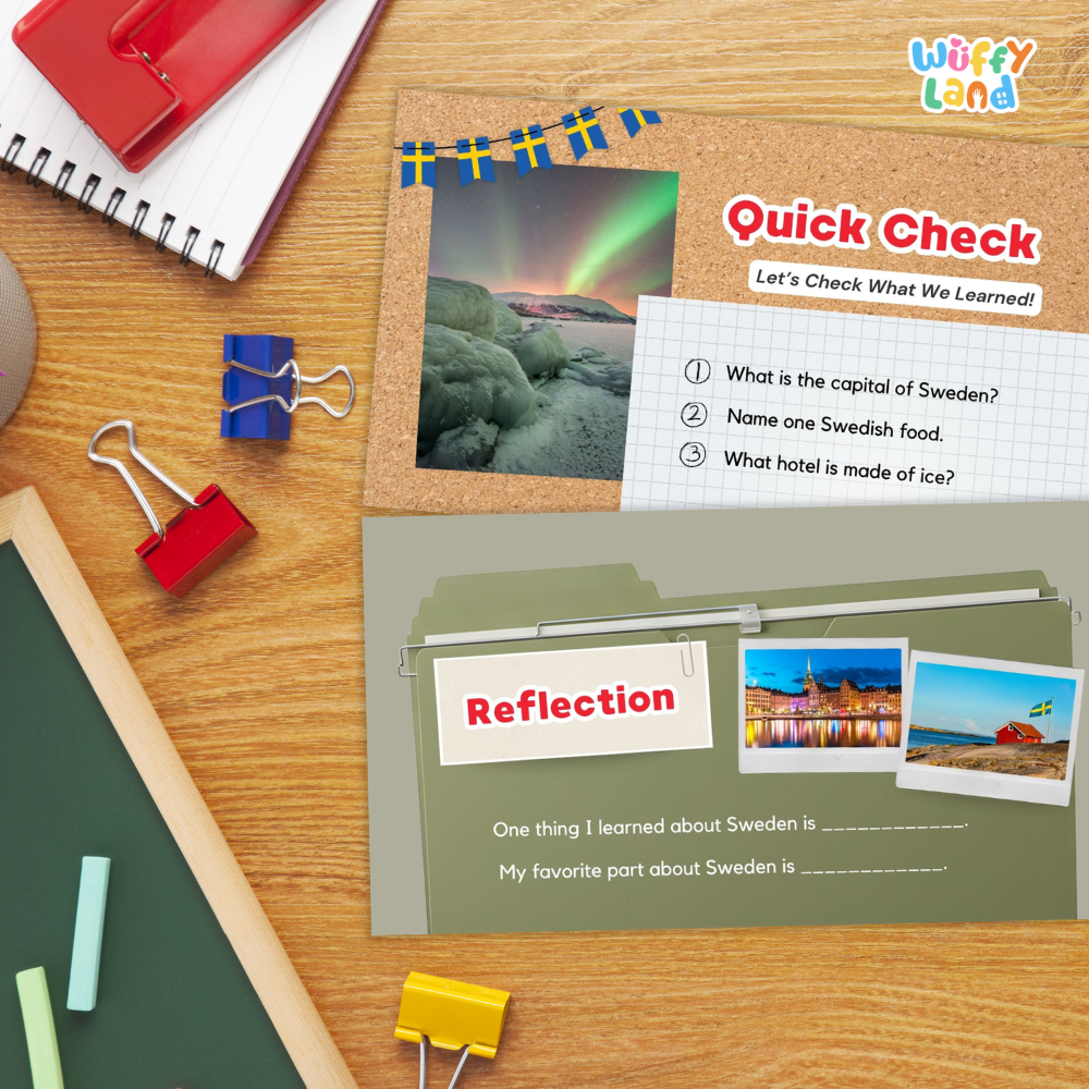 Swedish school workbook pages titled 'Quick Check' and 'Reflection' laid out on a wooden desk with school supplies including binder clips, chalk, a notebook, and a small map of Sweden.