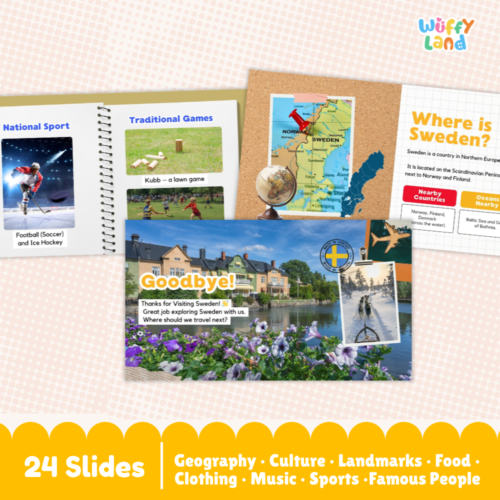 A set of educational travel slides about Sweden from the brand Wuffiy Land, shown as a collage of multiple printed slide designs on a light pink patterned background with a yellow banner at the bottom.
