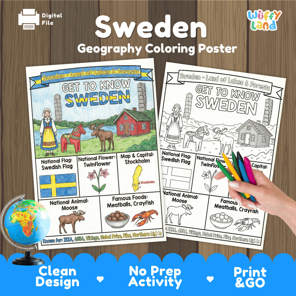Sweden Geography Coloring Poster and Activity Pages