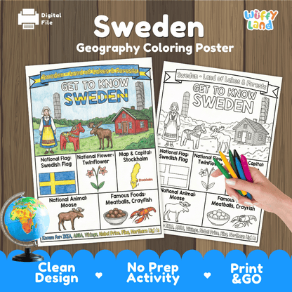 Sweden Geography Coloring Poster and Activity Pages