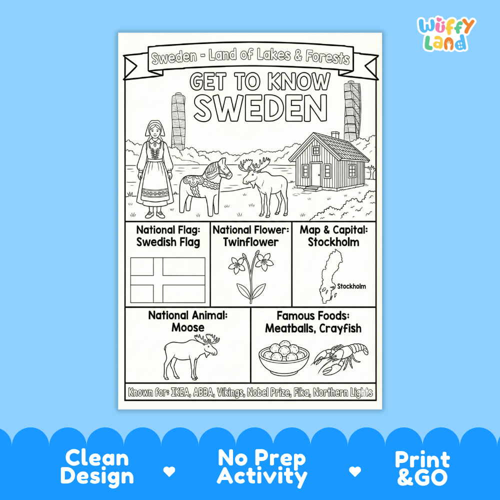 Sweden Geography Coloring Poster and Activity Pages