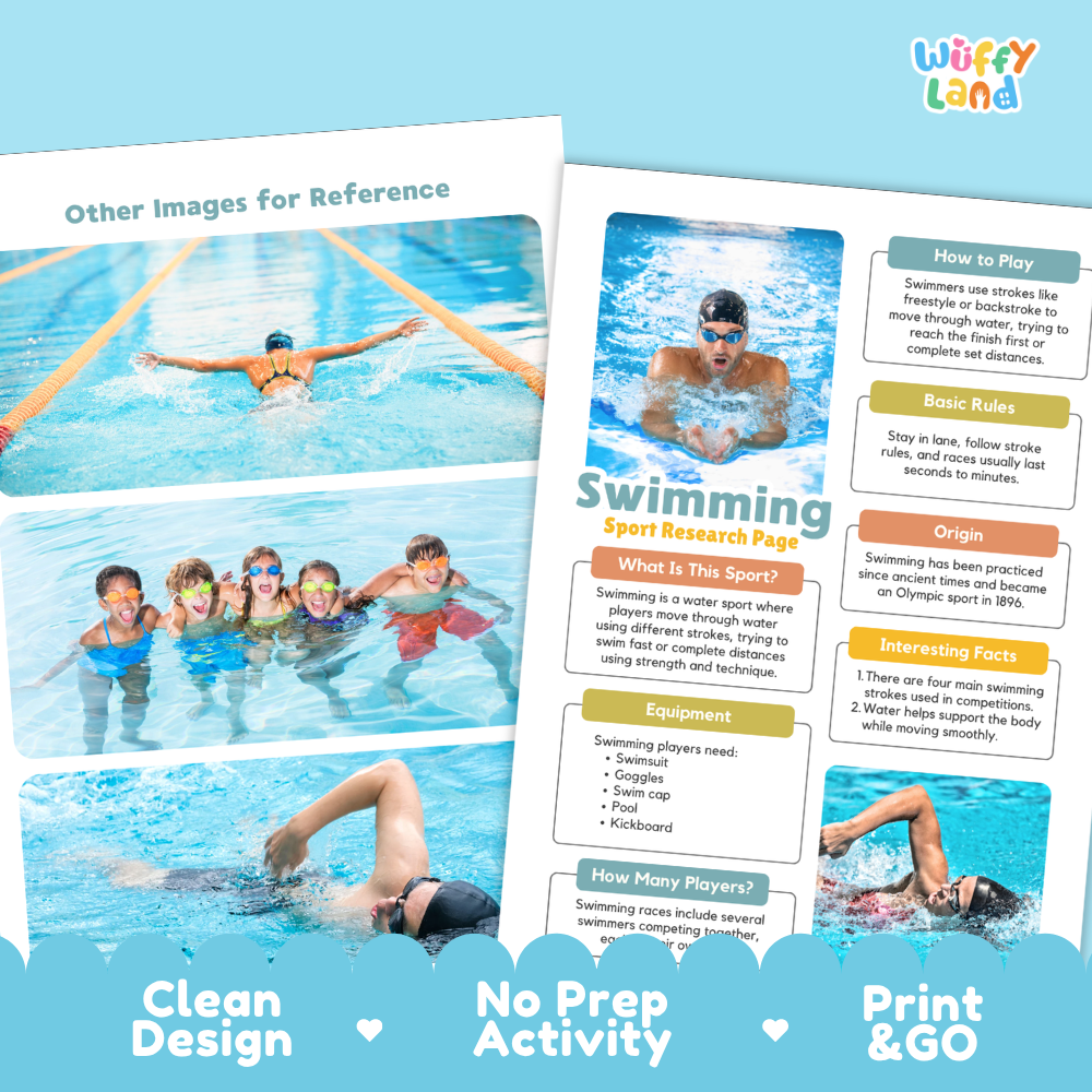 A printed swimming activity reference sheet shown on a light blue background. The sheet includes photos of children in a pool, text sections titled 'Other Images for Reference,' 'Swimming Sport Research Page,' 'How to Play,' 'Basic Rules,' 'Origin,' 'Swimming Equipment,' and 'How Many Players?,' with the brand name 'wiffy land' in the top right.