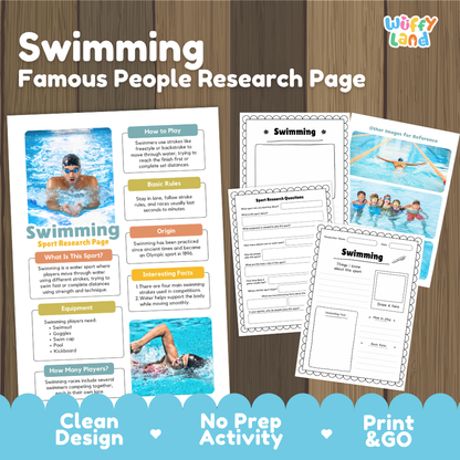 Swimming Sport Research Project Worksheets and Fact Sheet Activity