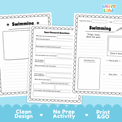 Swimming Sport Research Project Worksheets and Fact Sheet Activity