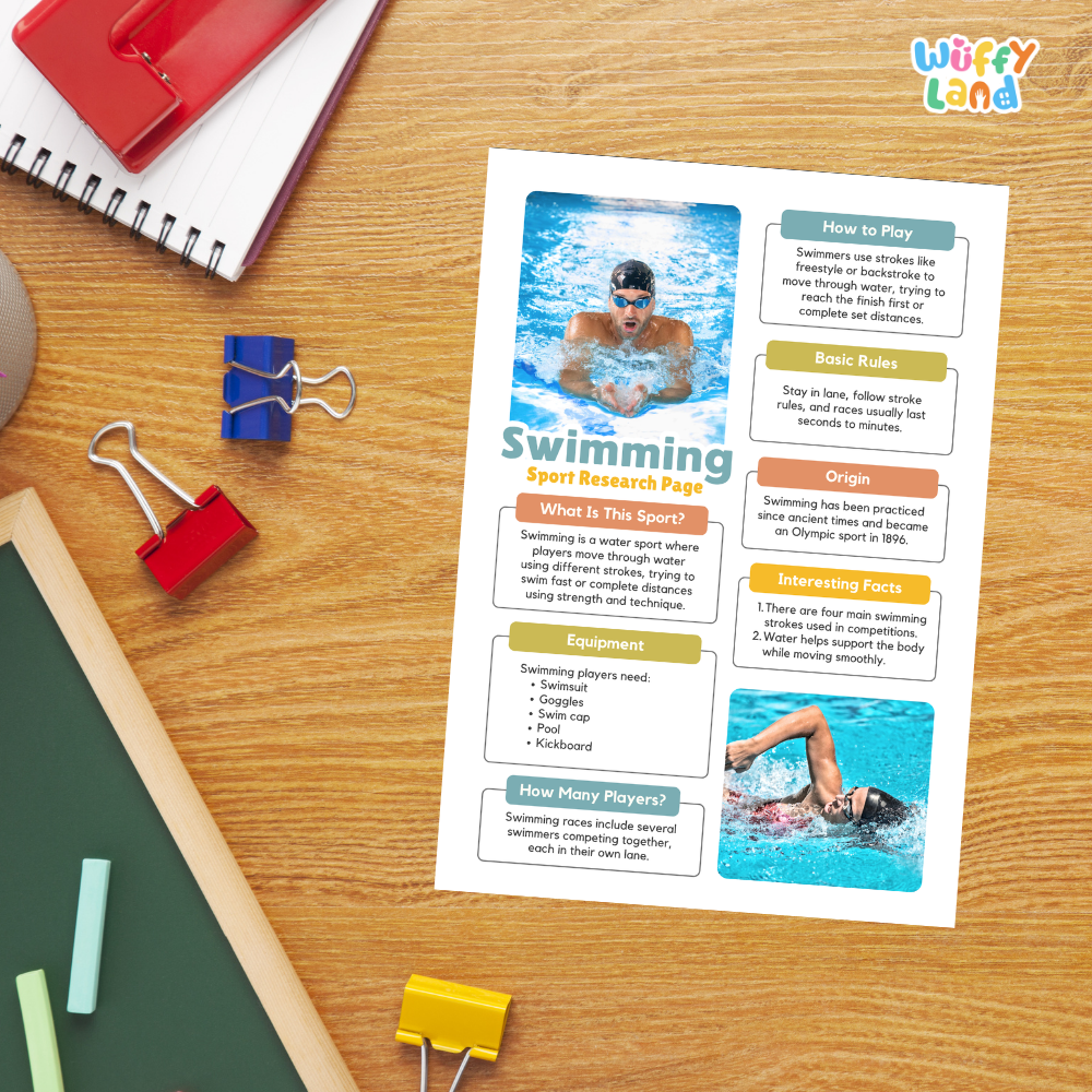 A printed educational poster about swimming lies on a desk, surrounded by school supplies including a red spiral notebook, blue and red binder clips, a green chalkboard, and a yellow binder clip. The poster features text sections like 'How to Play', 'Basic Rules', 'What is this sport?', 'Equipment', and 'Interesting facts' with small photos of swimmers.