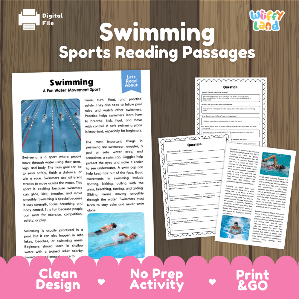 Swimming Sports Reading Passages and Comprehension Questions Worksheets