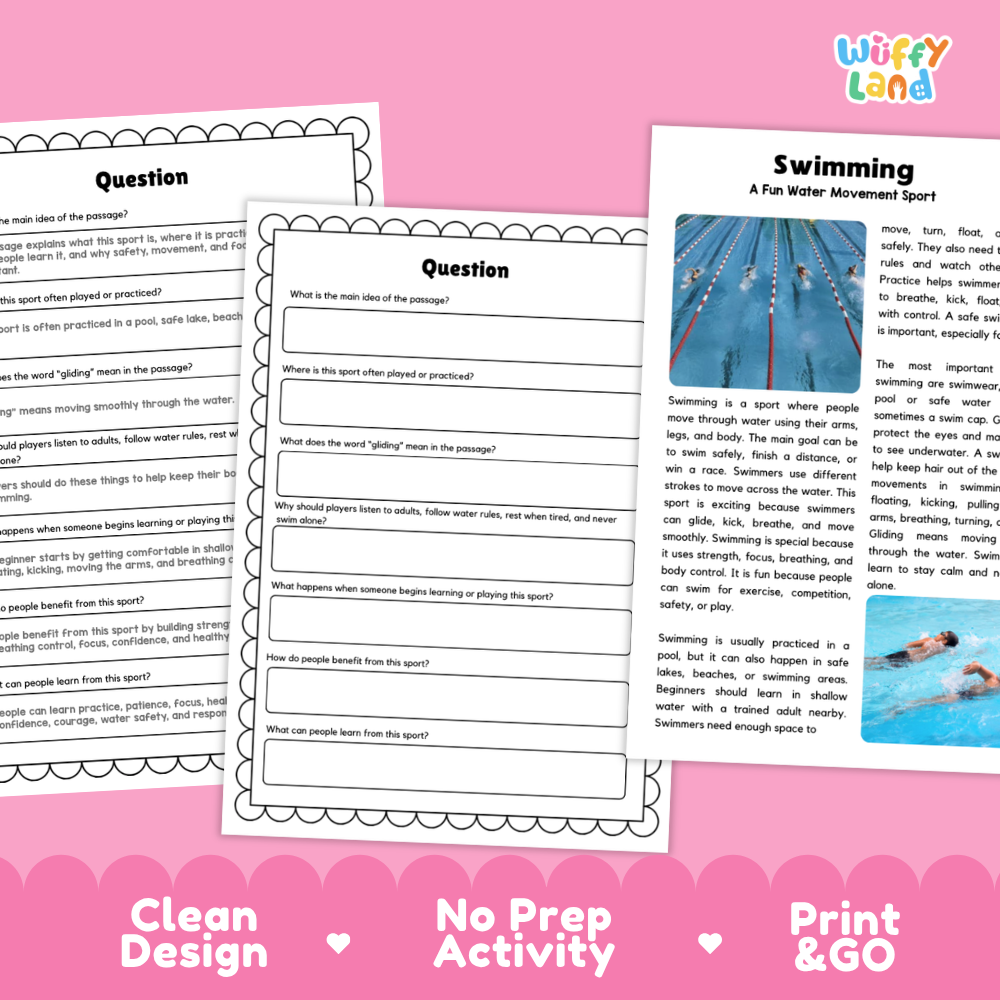 Swimming Sports Reading Passages and Comprehension Questions Worksheets