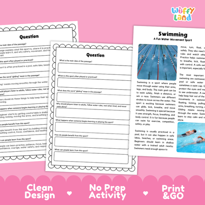Swimming Sports Reading Passages and Comprehension Questions Worksheets