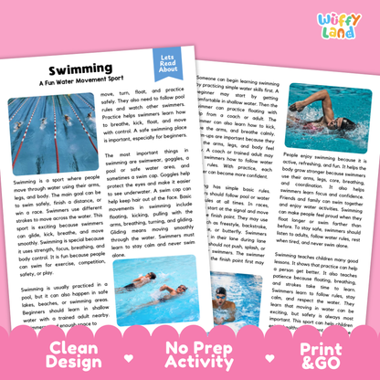 Swimming Sports Reading Passages and Comprehension Questions Worksheets